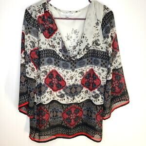 August Silk Options Floral V Neck Sheer Top Small